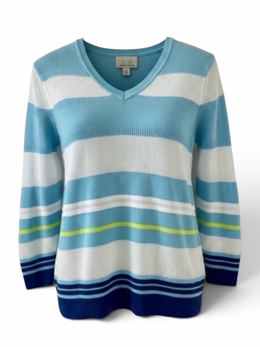 EP Pro Blue and White Stripe V-Neck 3/4 Sleeve Knit Sweater Size Small